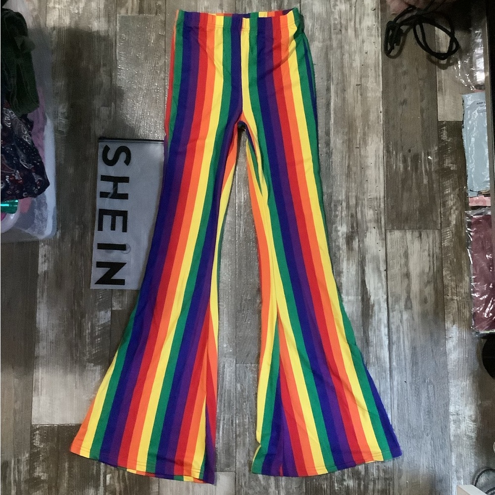 New Shein Rainbow Bell Bottom Pants soft bell bottom pants high rise flare pants